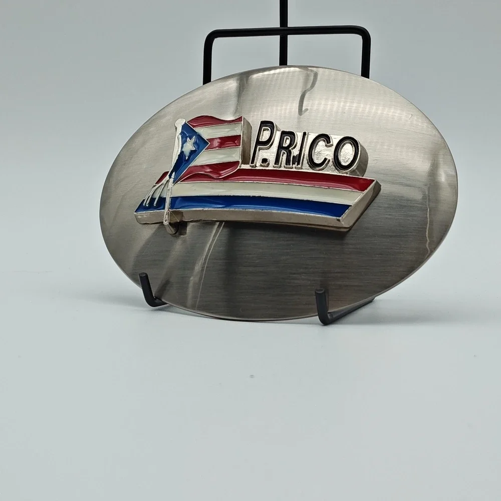 Puerto Rico Flag Belt Buckle P Rico‎ Large Oval Silver Tone Enamel